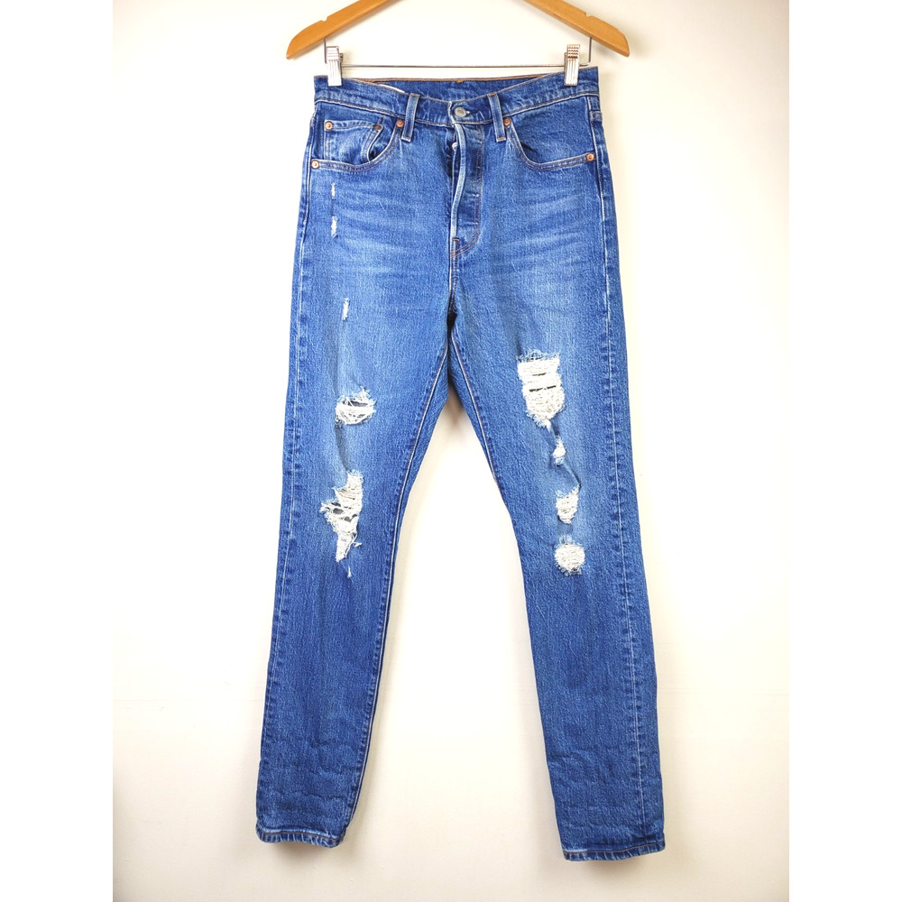 Levi's 501 Womens 28 Jeans Distressed Dark Wash Blue Button Fly Skinny Stretch - Picture 12 of 12